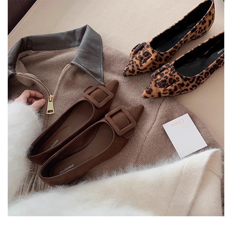 Grape Mom Spring New Elegant Small Pointed Commuter Square Buckle All-match Suede Shallow Mouth Leopard Print Single-layer Shoes Women's New