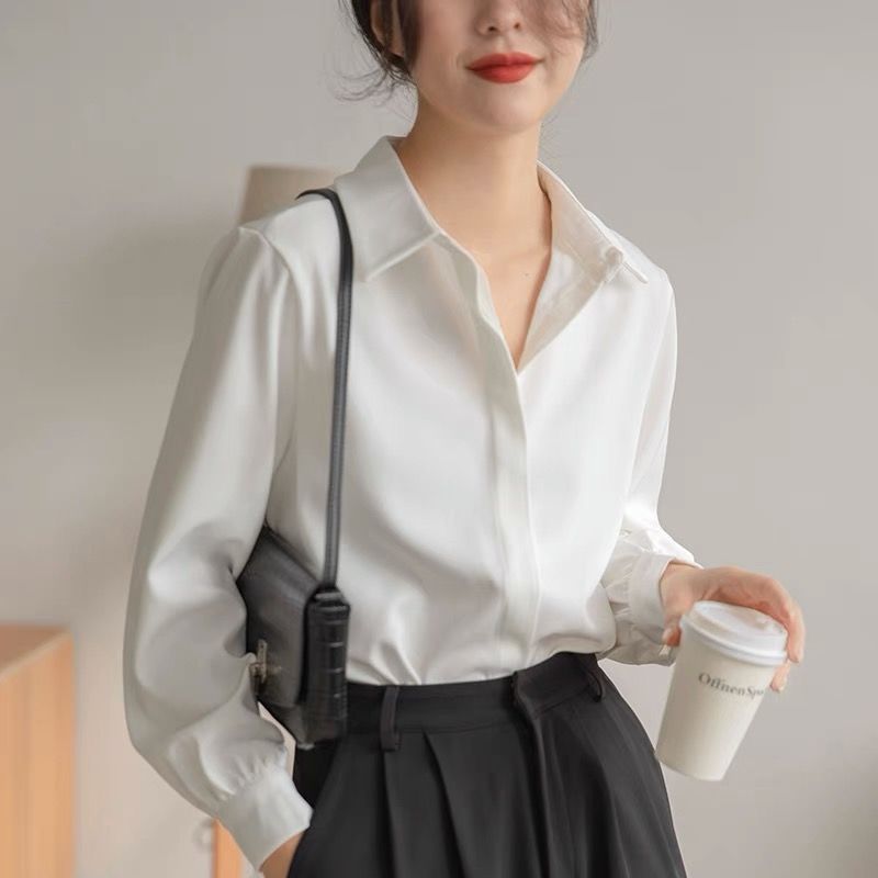 2025 Spring and Autumn Long Sleeve White Shirt for Women, Loose Casual Wrinkle-Resistant Design, Unique Shirt with Draping Effect, Solid Color Chic Top