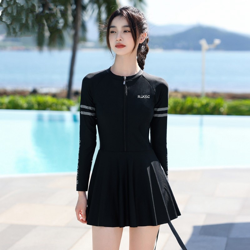 2023 New Swimming Suit Women's Split Flat-angle Conservative Slim Belly Covering Sports Long Sleeve Hot Spring Training Swimsuit for Students
