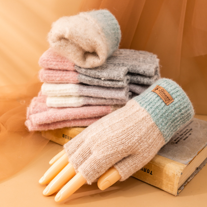 Picture of Korean half-finger wool gloves for women and students in autumn and winter plus velvet padded cycling writing cold and warm
