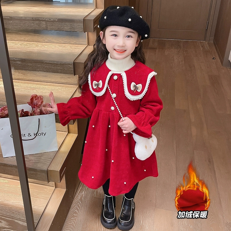 Girls' Winter fleece-lined Thickened dress 2024 Fashionable Western Style Princess Dress Long Dress Winter Dress Chanel Style Skirt