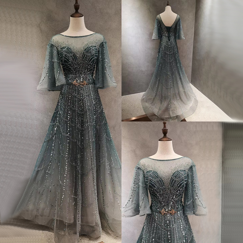 Picture of Green Covering Arm Slim Light Luxury Heavy Industry Nail Beads Celebrity Elegant Annual Meeting Adult Wedding Evening Dress LA70822