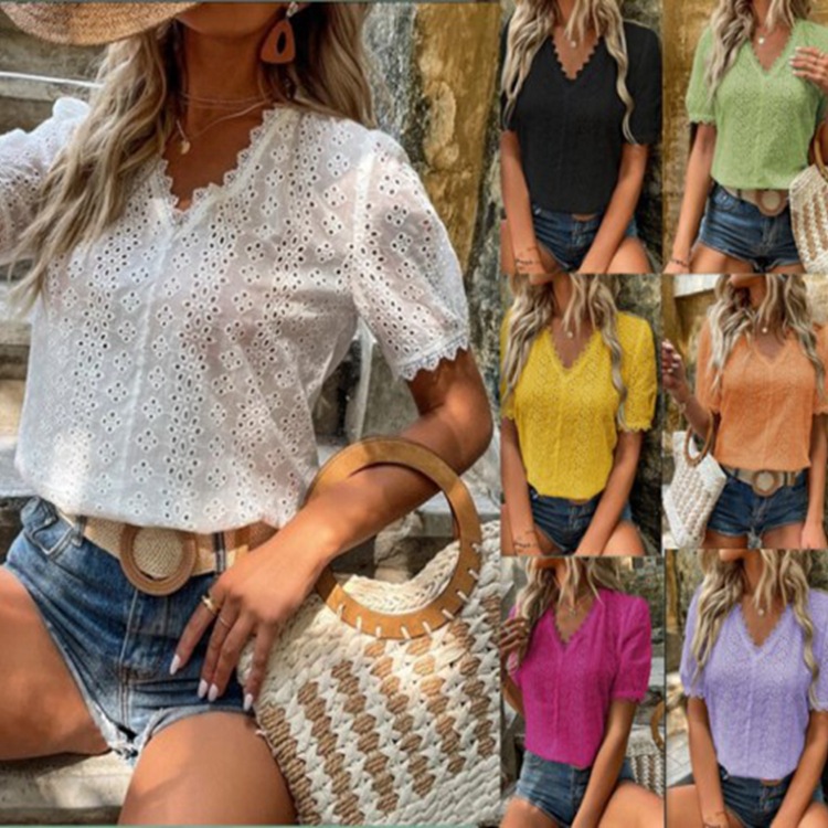 Picture of Summer New Amazon Ebay Independent Station European and American Summer New Pure Color Short-Sleeved Cut Out Shirt Cross-Border Spot