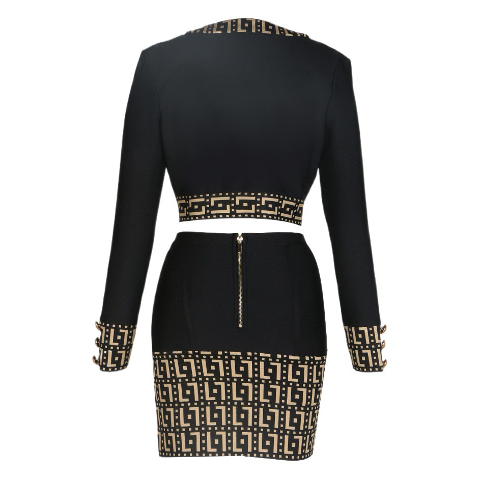 AliExpress Hot Golden Button Jacquard Contrast Short Jacket + Short Skirt Suit Fashion Casual Celebrity Style