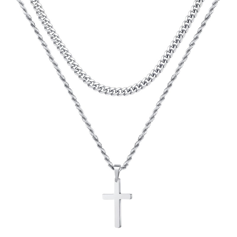 Europe and the United States cross-border hot 18K real gold men's stainless steel cross necklace multi-layered stacked pendant necklace