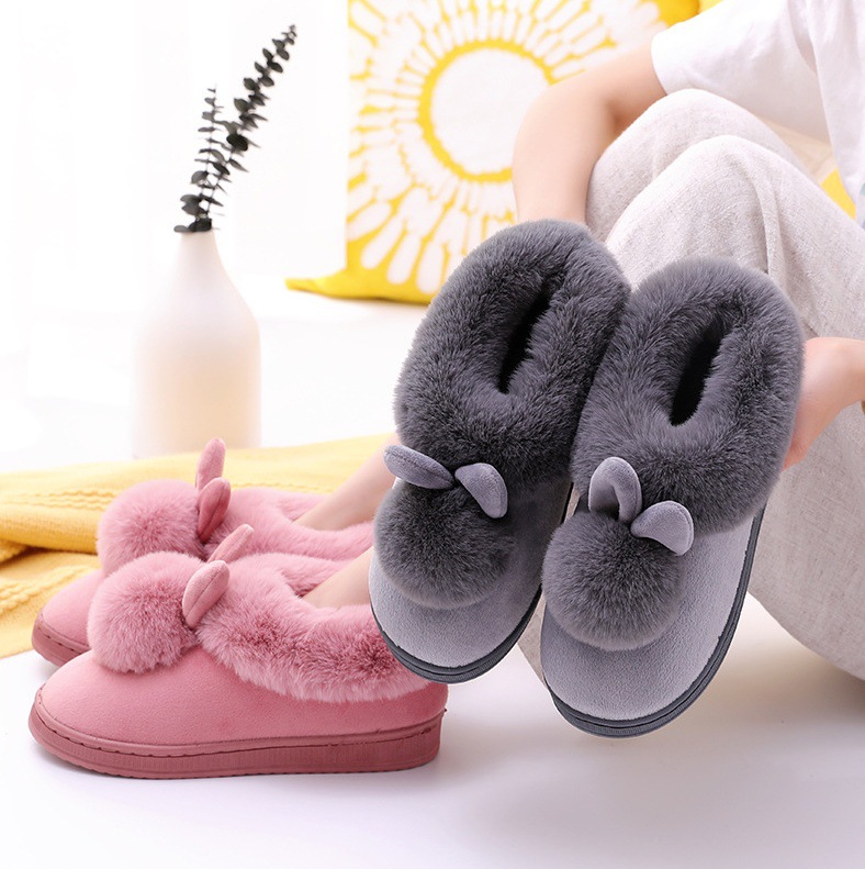 Furry slippers for women, 2025 winter new Korean style little rabbit plush indoor room silent bag with warm cotton slippers