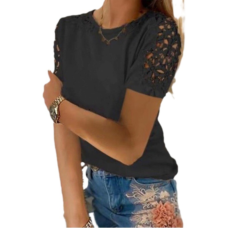 2024 European and American Cross-border TEMU Hot Selling Summer Loosening Temperament Commuter Stitching Short Round Neck T-Shirt 0290