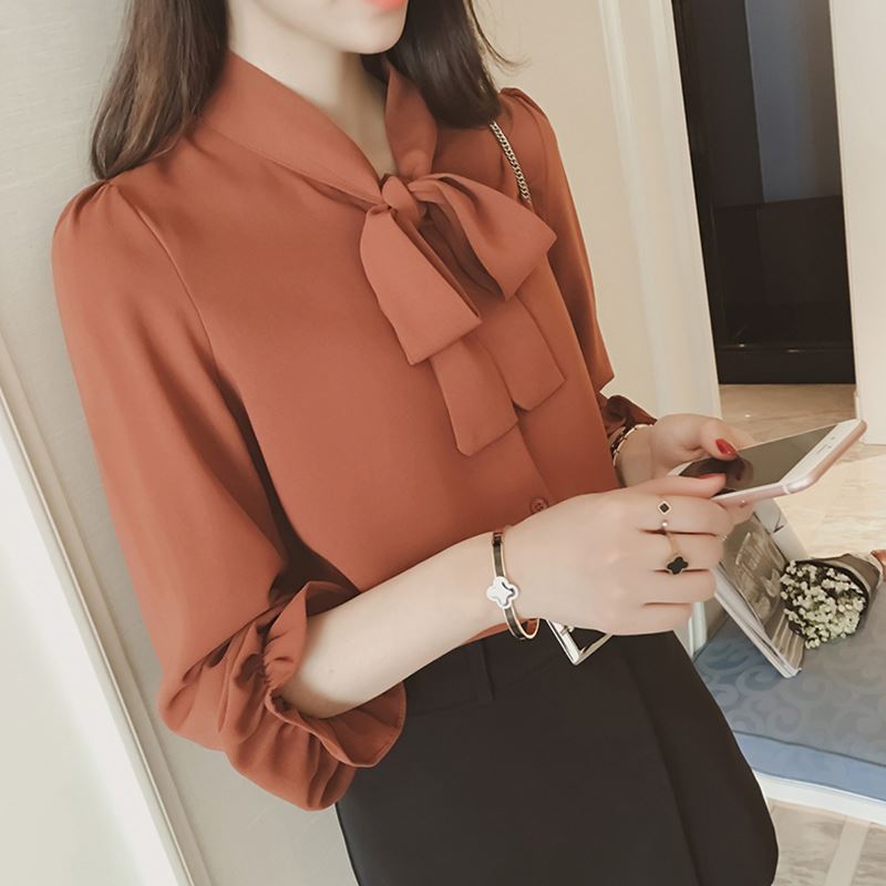 Picture of Bow White Shirt for Women 2025 Spring and Autum New Korean Style Chiffon Shirt Retro Loose Long-Sleeved Top
