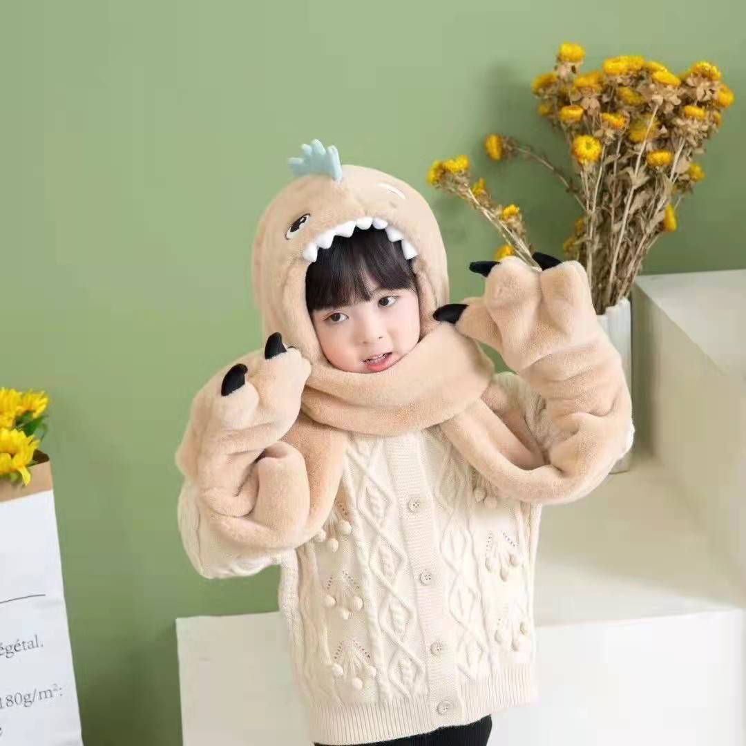 Picture of Children's winter hat scarf all-in-one Boys and Girls baby cute dinosaur warm plush padded gloves three-piece set