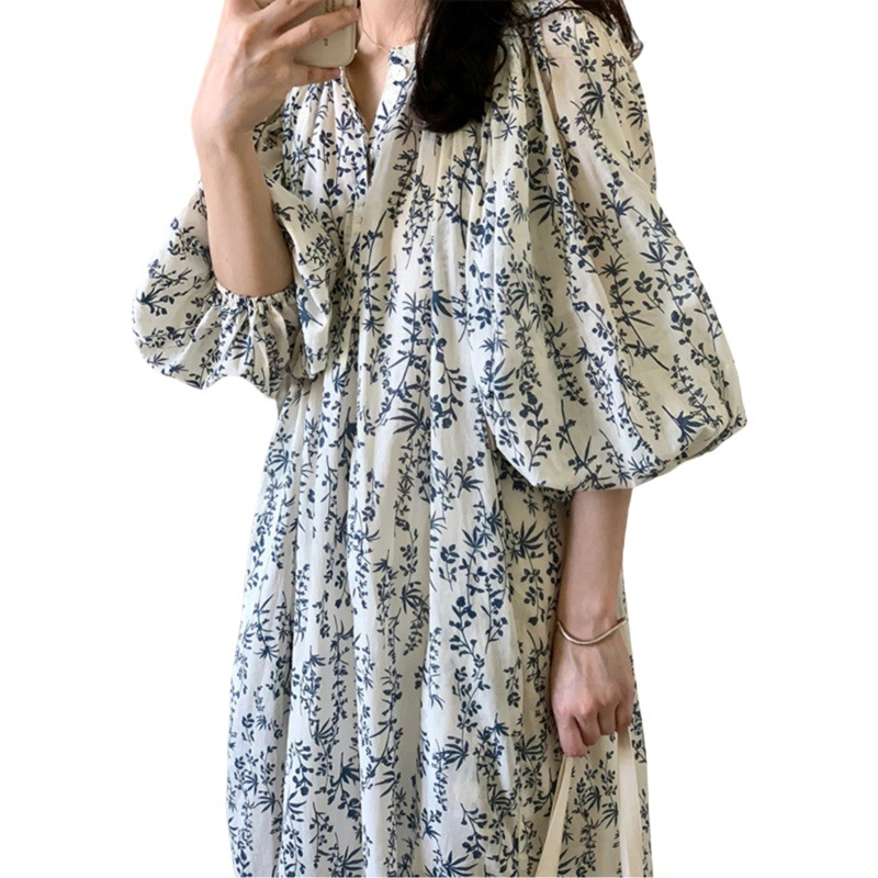 French style loose age-reducing puff sleeve dress women's summer Western style age-reducing gentle temperament lace-up slimming floral skirt