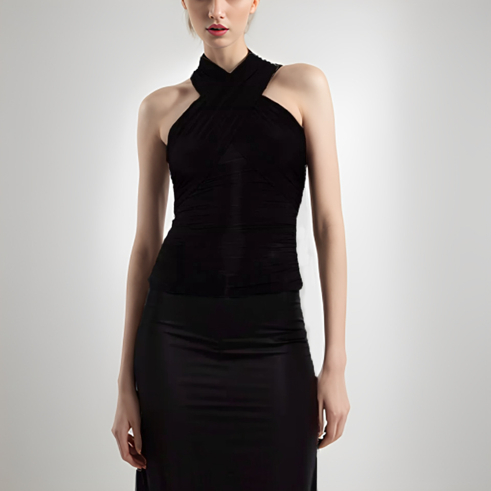Cross Shoulder Strap Hanging Neck Pleated Black Stretch Slim-Fit Women's Sleeveless Vest Niche Elegant Short Shoulder Top Trendy