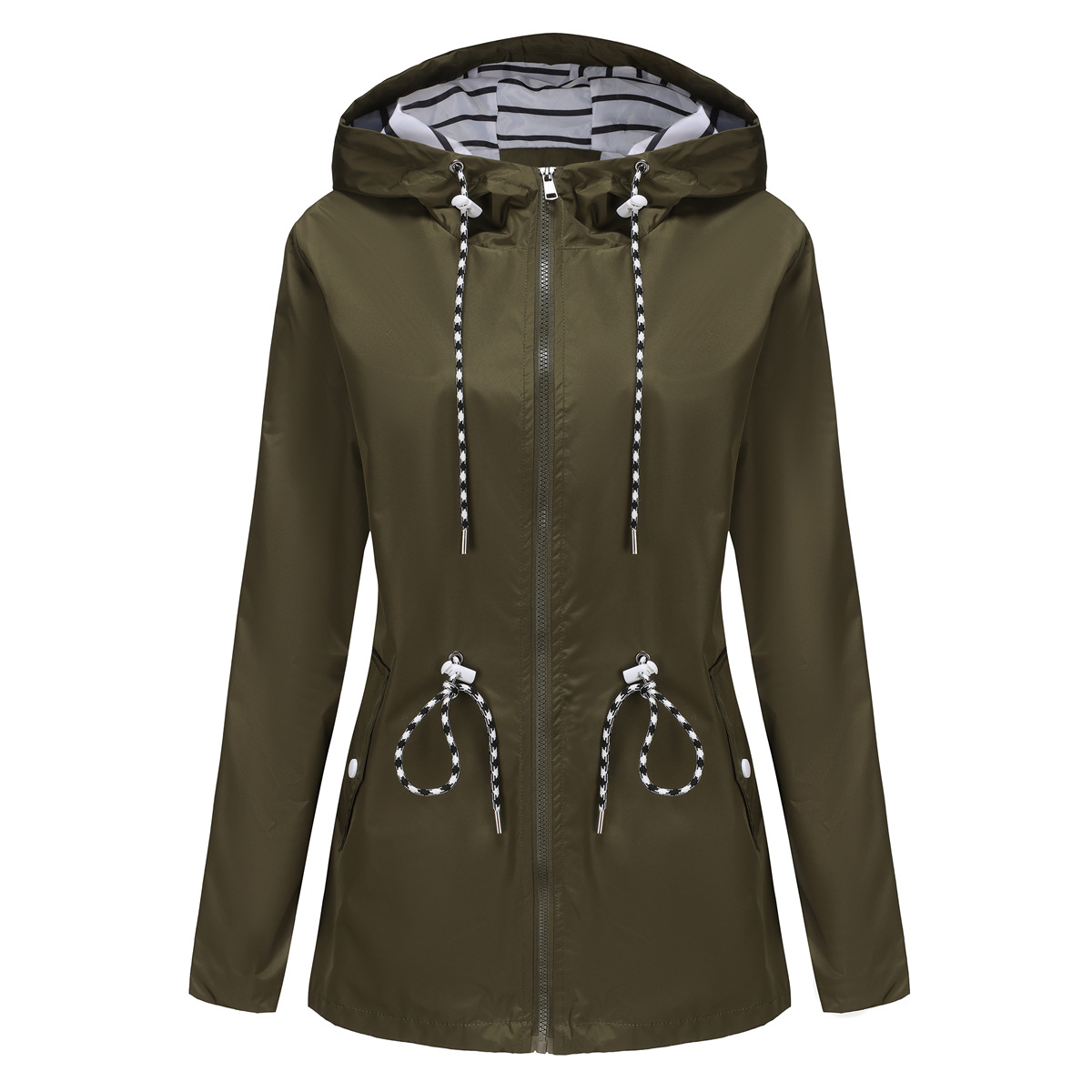 Picture of Autumn/Winter Coat European and American women's trench coat cross-border women's long hooded striped splash-resistant raincoat