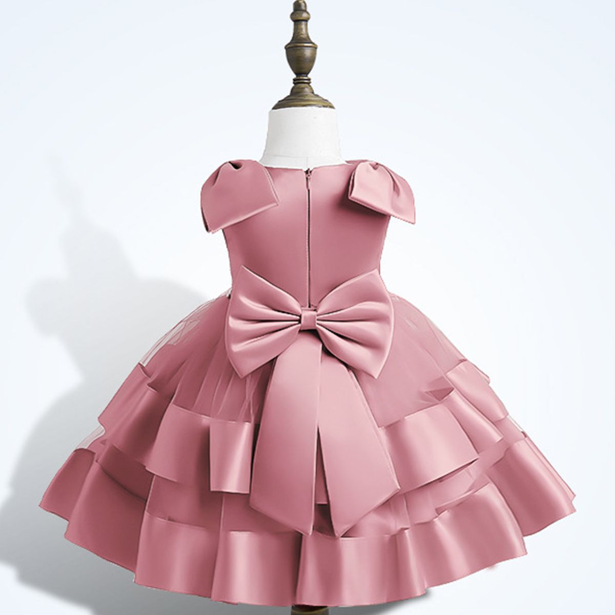 Girl's New Solid Color Big Bow Mesh Puff Dinner Performance Dress Girl's Birthday Party dress