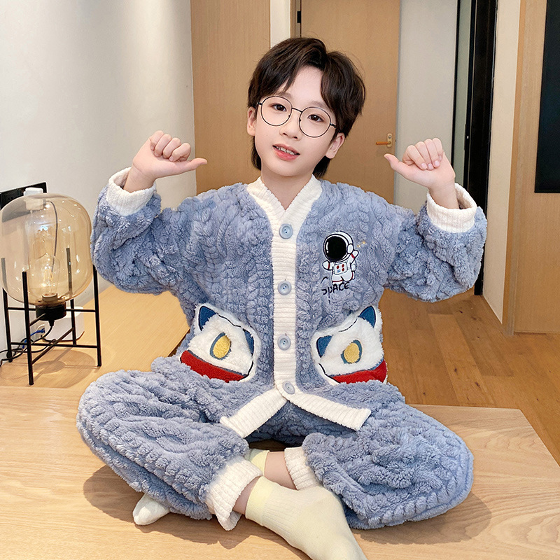 Picture of Children's coral fleece pajamas for boys autumn and winter 2024 new winter jacquard fleece home clothes for teenagers and little boys