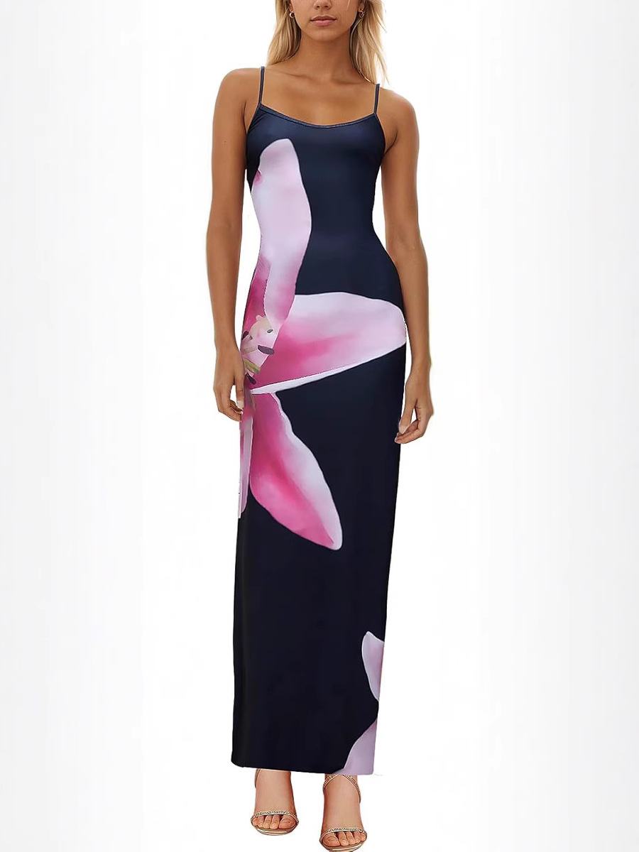 Autumn 2025 New Elegant Temperament Tight Low-cut Contrast Color Rose Print Design One Step Sling dress