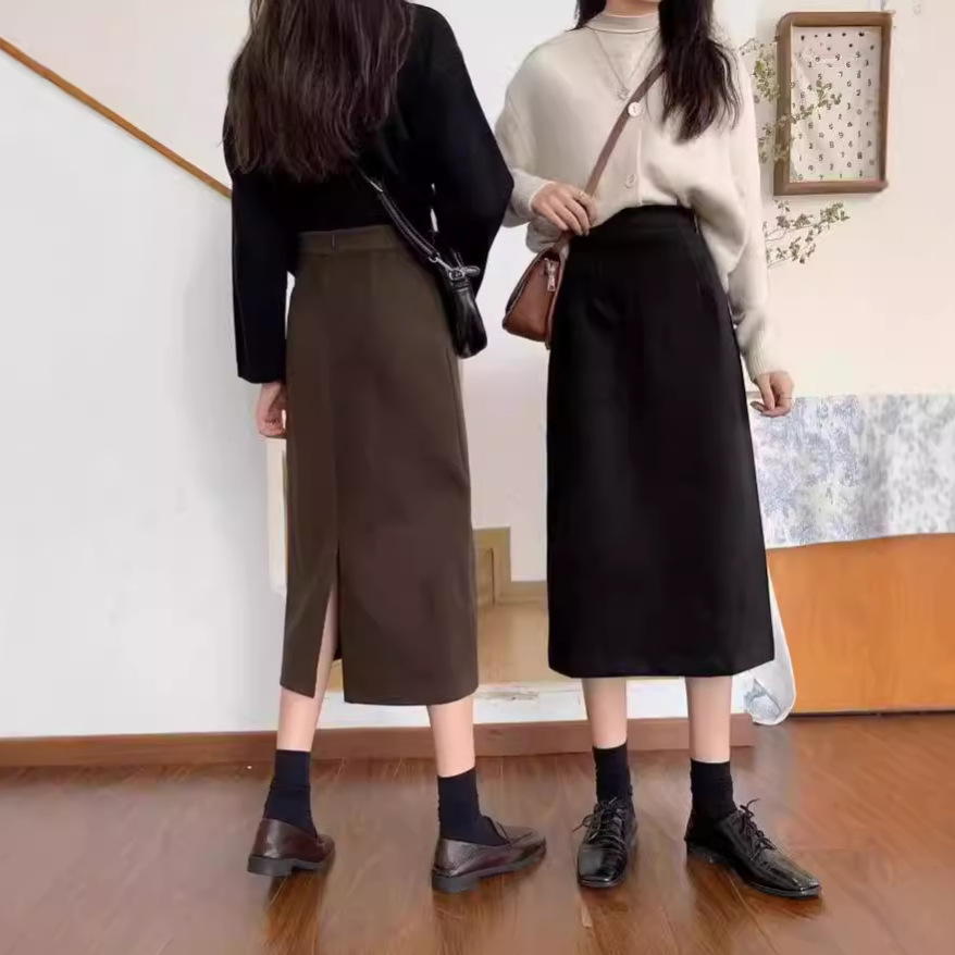 Skirt Women's Autumn and Winter 2024 New Suit High Waist Slimming Vintage Split Design Sense A- line Skirt Mid-length Skirt