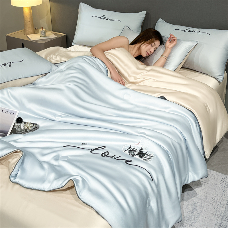 Picture of Washed Ice Silk Summer Quilt Four-piece Solid Color Embroidered Cool Air Conditioned Quilt Summer Gift Summer Quilt Summer Thin Quilt