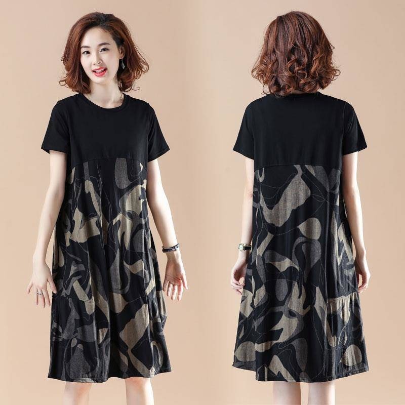 Large Size Dress Summer New Fat Girl Loose Slimming Mid-length Age-reducing Casual Western Style Large Size Dress