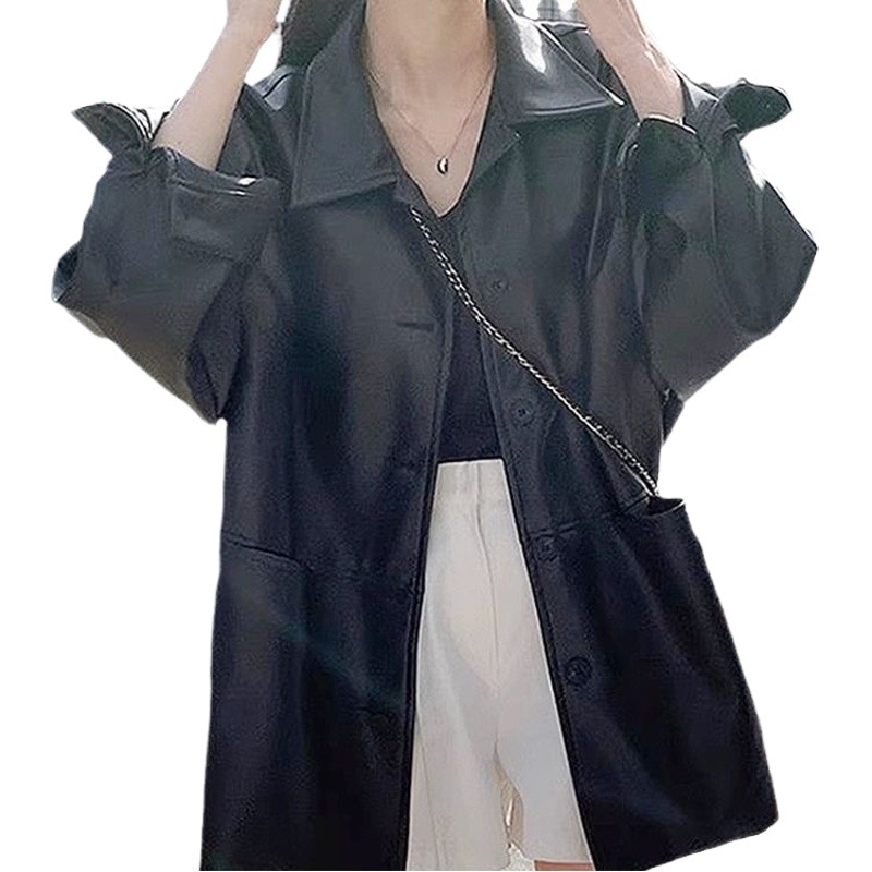 Korean Handsome Lapel Single-Breasted Leather Jacket for Women Autumn New Loose and Versatile Imitation Leather Jacket Top Wholesale
