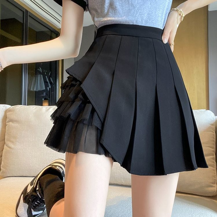 Mesh stitching pleated skirt women's design sense niche design sense high waist slimming black chiffon A- line skirt