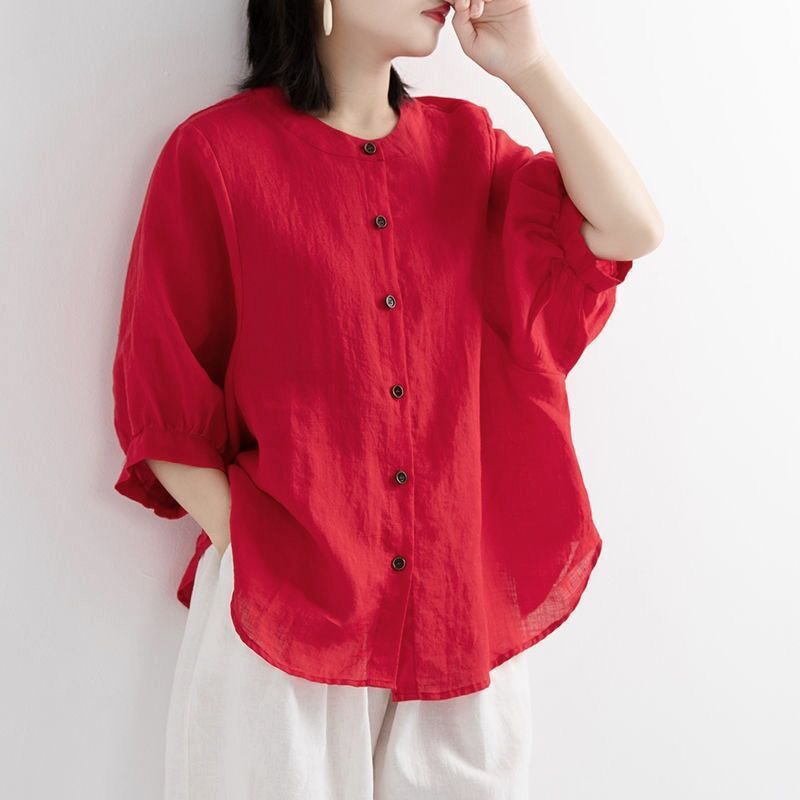 Picture of 2024 Early Spring New Women's Shirts Women's Design Niche Summer Retro Literary Lantern Sleeve Cotton and Linen Tops Trendy