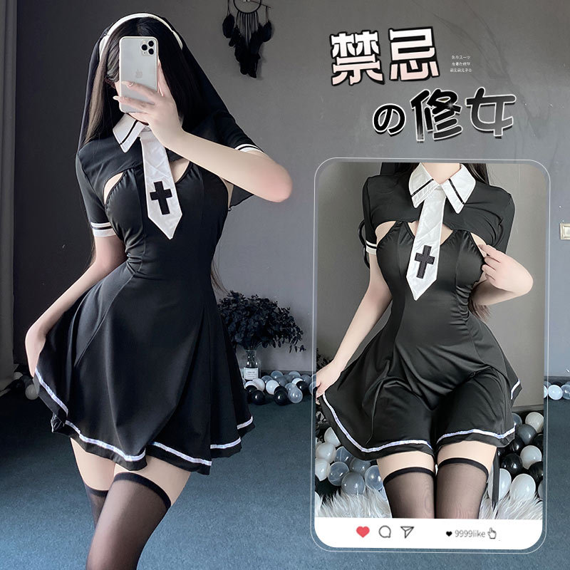 Lin Lin Ting Sexy Lingerie Sexy No-Take-Off Pure Desire Nun Uniform Temptation Cospla Small Breast Pajamas Set 2750