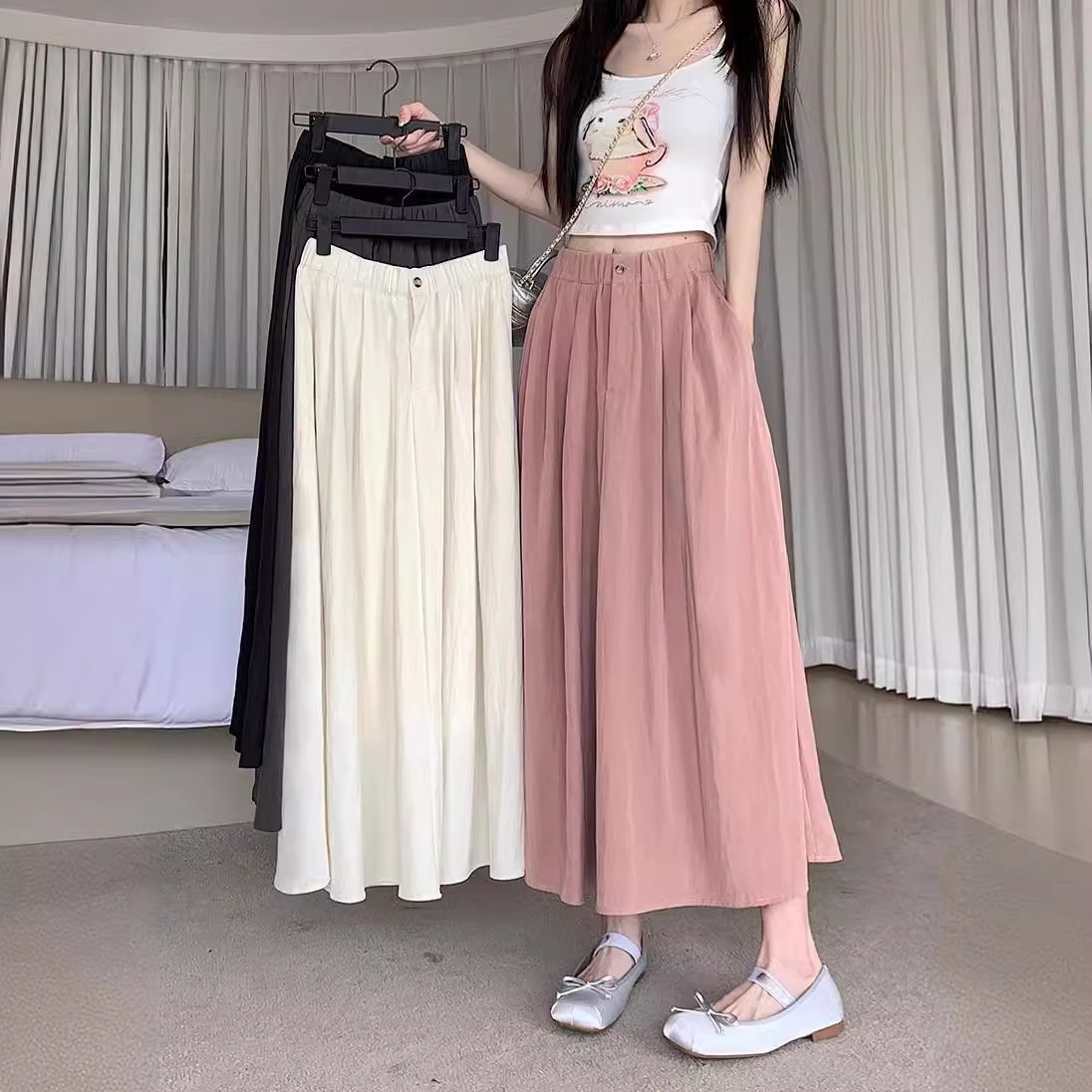 2025 New Ice Silk Tencel Pleated Drape High Waist Plus Size Skirt Easiest for Match Mid-Length Large Hem Umbrella Skirt