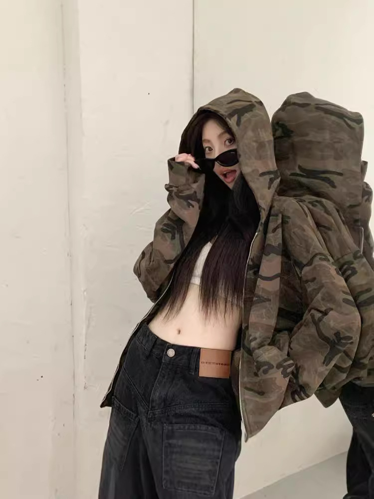 American-style Retro Camouflage Hooded Sweatshirt Coat Women's Autumn Loose Lazy Design Elegant Long-sleeved Zipper Top
