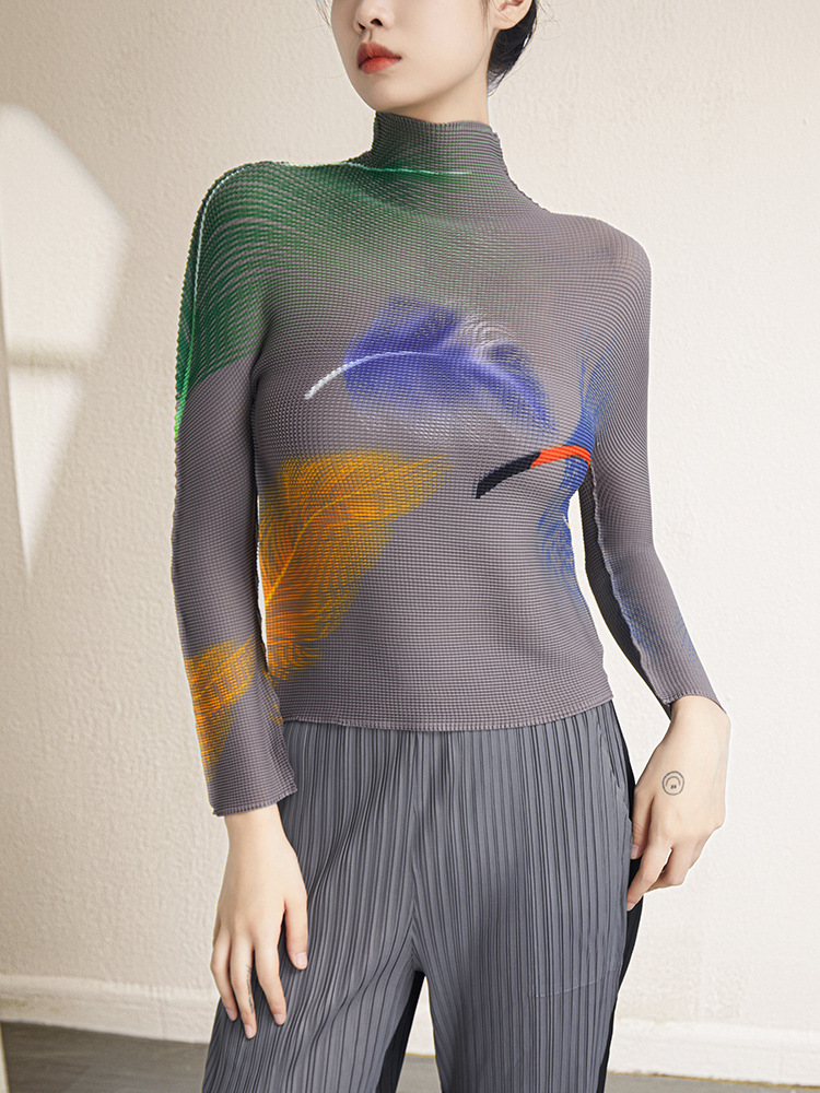 Picture of Miyake's New Half Turtleneck Stretch Slim Printed Bottoming Shirt Top 2025 Autum Pleated Long-Sleeved T-Shirt for Women