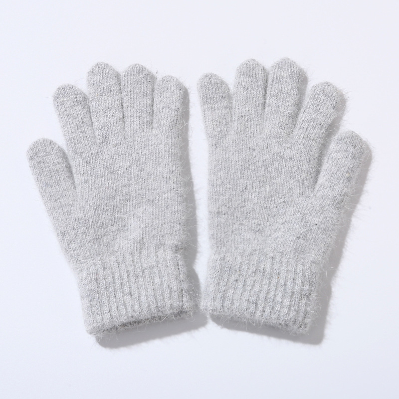 Cross-border Rabbit Hair Gloves Women's Winter Thickened fleece-lined Warm Knitted Gloves Korean Fashion Five-finger Double-layer Solid Color Gloves