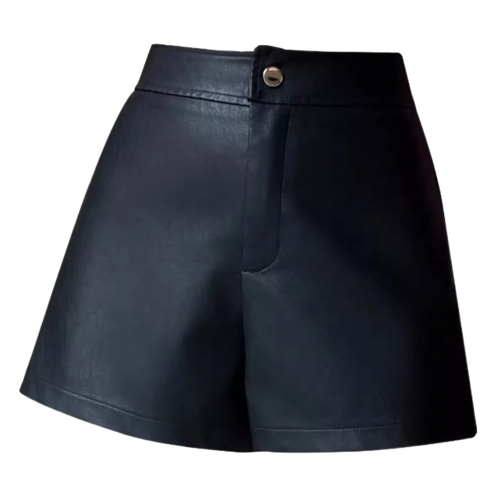 Black PU Leather Shorts Women's Spring and Autumn High Waist Wide Leg Pants for Small Women Loose Slimming Outer Wear A- Shaped Bottoming Boots Pants
