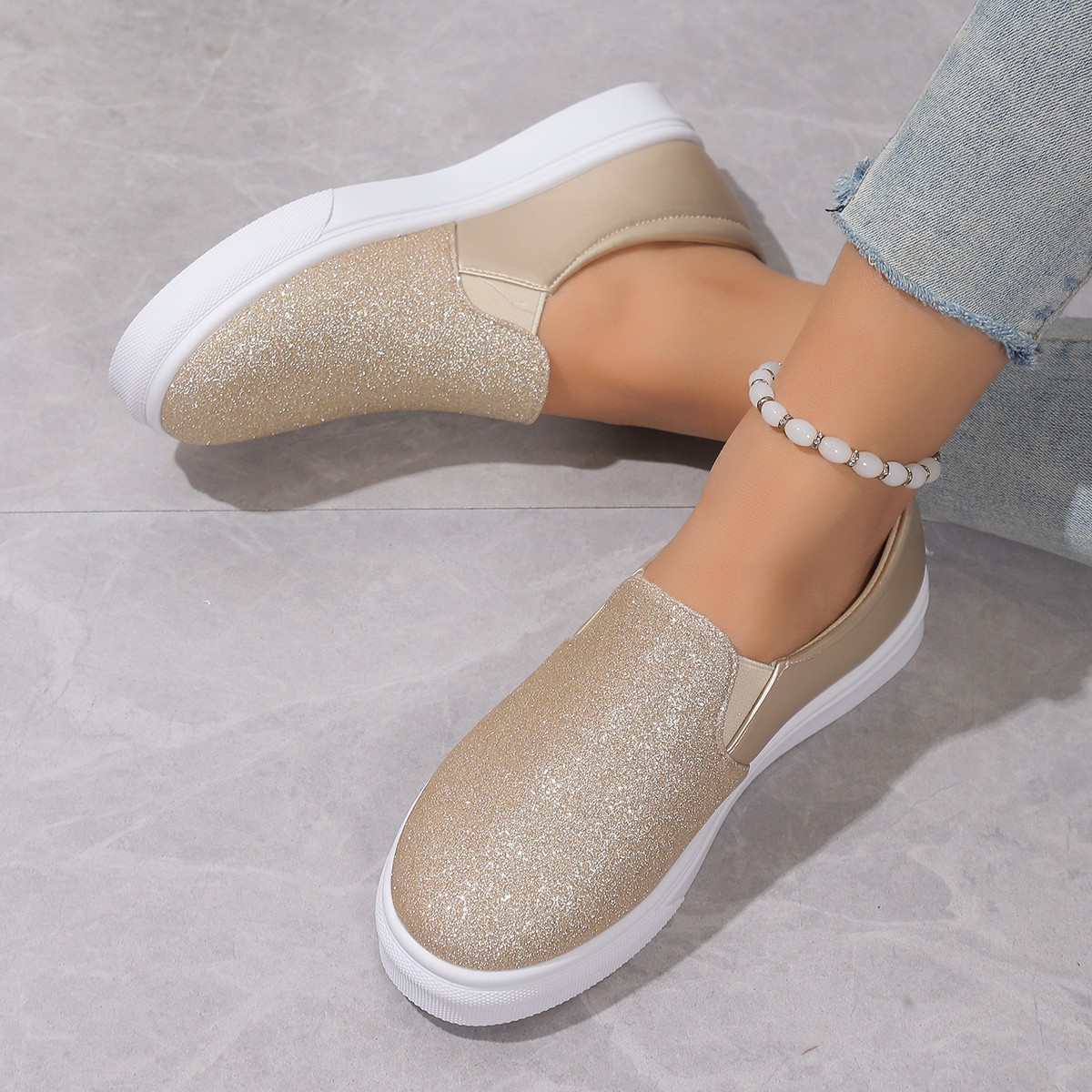Picture of 2025 Summer New Flat Sequin Low-Top Flat Single Shoes Women's Plus Size Round Toe Elastic Strap Foot Loafer Shoes