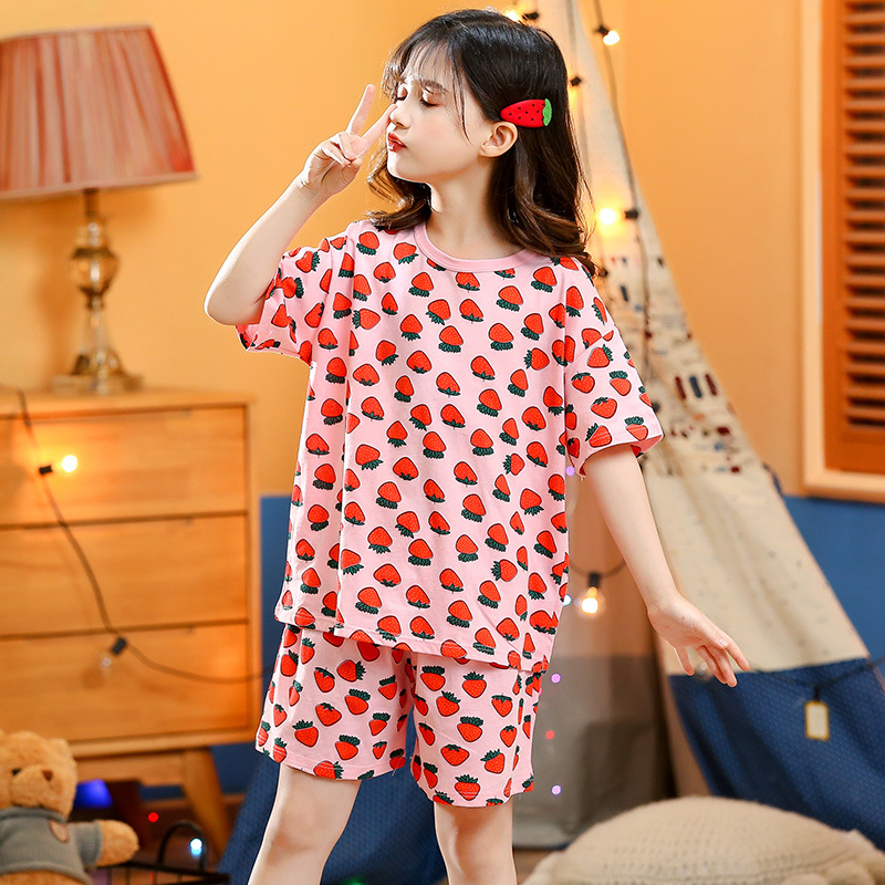 Picture of 2024 New Kidsren's Summer Short-Sleeved Suit Home Clothes Pajamas Pure Cotton Thin Air-Conditioned Clothes Princess Girls Baby