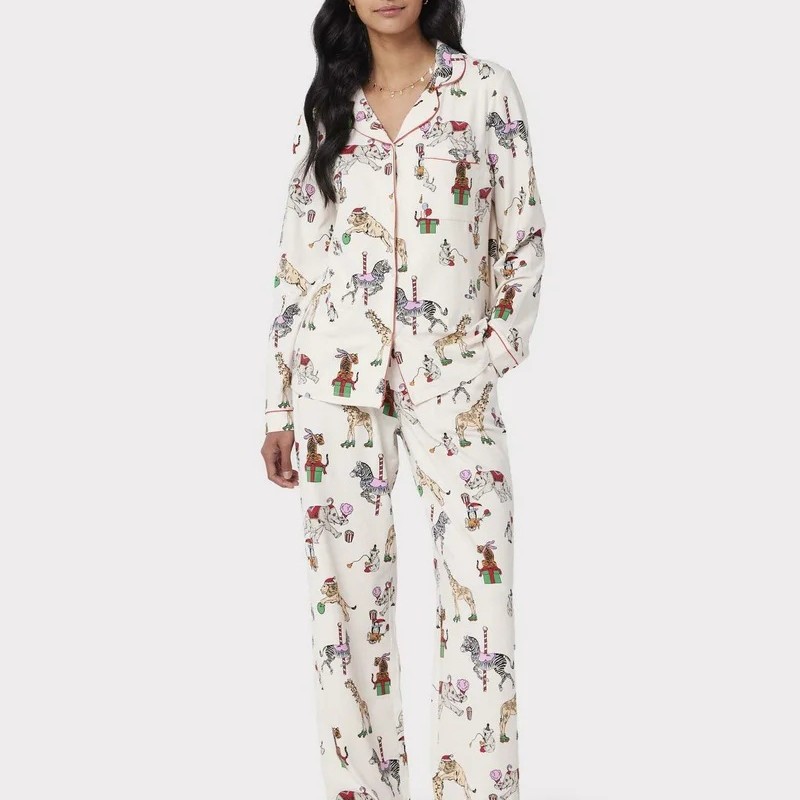 New Cardigan Cartoon Print Pajamas Long Sleeve Lapel Women Home Clothes suit