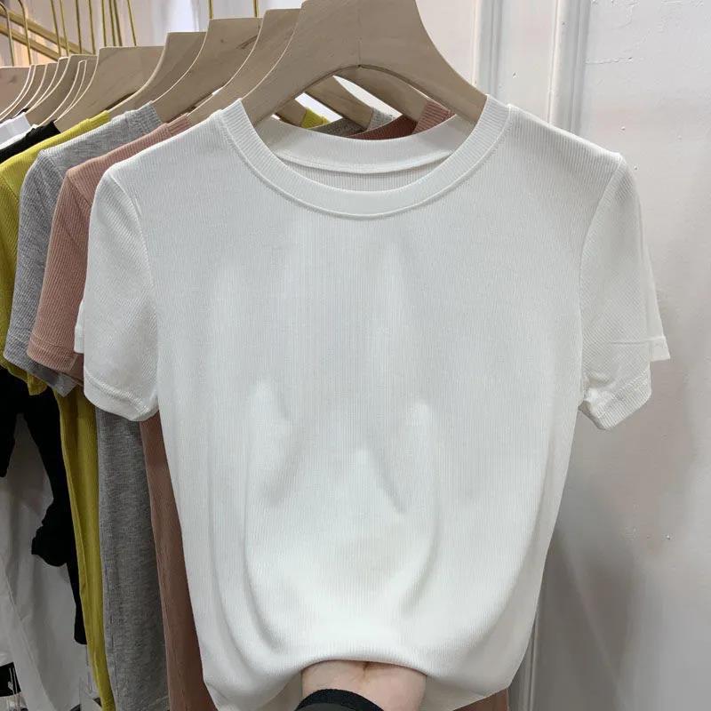 Picture of Ice Silk Thread White T-Shirt Women's Short-sleeved Summer New Slim-fit Solid Color All-match Base Shirt Thin Top Ins Trendy