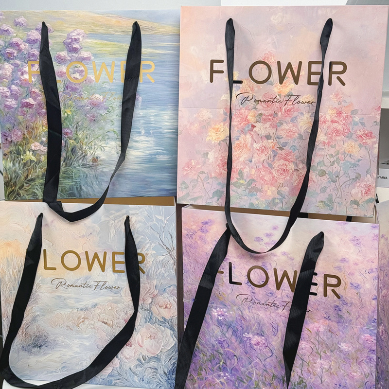 Flower Bouquet Tote Bag, Square Gift Bag with a High-End Feel, Ins-Style Oil Painting, Sicilian Flower Packaging, Hug Bag, in Stock