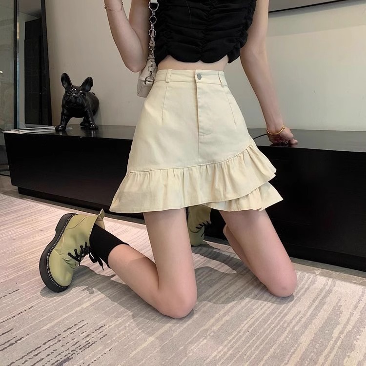 Fashionable and versatile ruffled skirt 2024 high-waisted A-line slimming solid color denim sweet and fresh short skirt