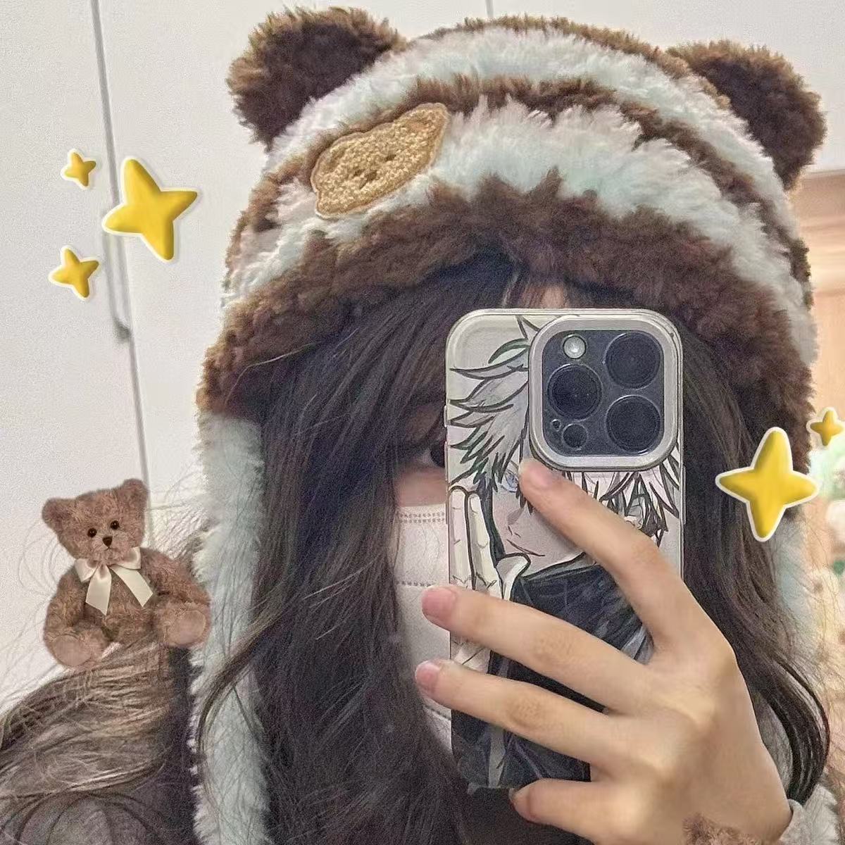 Bear knitted hat DIY hat velvet first forest fur thread material bag small gray hat crochet bag hat winter fur
