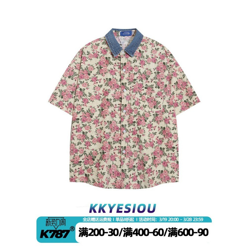 Hong Kong Style Retro Full-Print Floral Splicing Denim Collar Short-Sleeved Shirts for Men and Women in Summer Loose Casual Versatile Tops Trendy