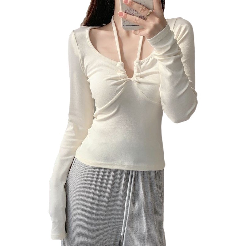 Hot Girls Pure Desire Style Hanging Neck Collarbone T-shirt Women's Early Autumn New Fashion V-Neck Slim-Fit Slimming Long-Sleeved Base Shirt Top