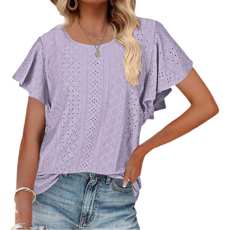 2025 Summer New Cross-Border European and American Clothing Amazon Women's Tops Cut Out Waist Ruffle Sleeve Casual T-Shirt