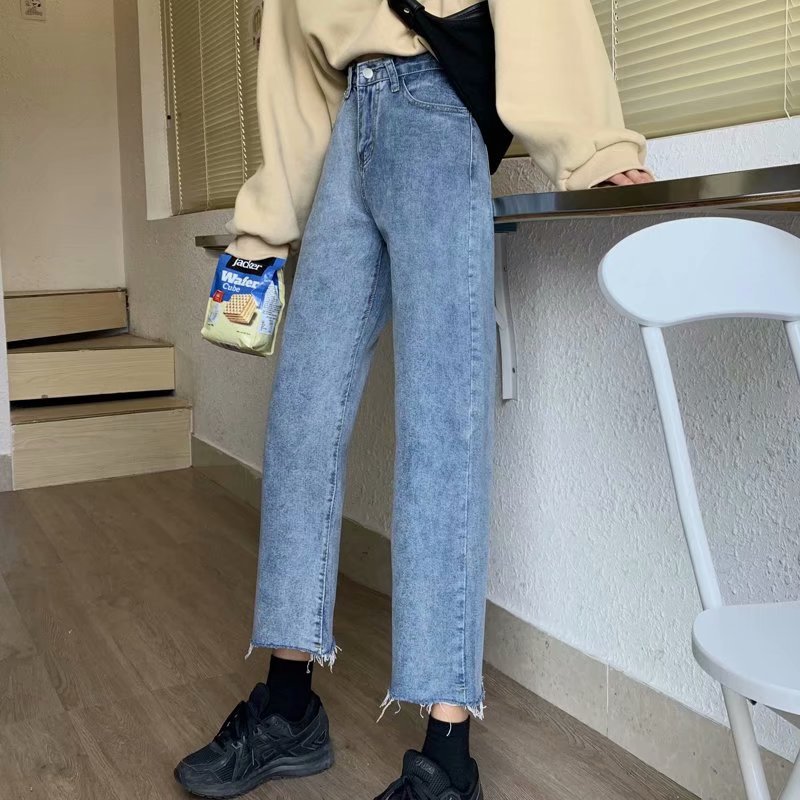 Picture of Spring and Autumn High-Waisted Wide-Leg Jeans for Fat Girls, Large Size, Loose and Slim, Nine-Point Raw Edge Straight Retro Style