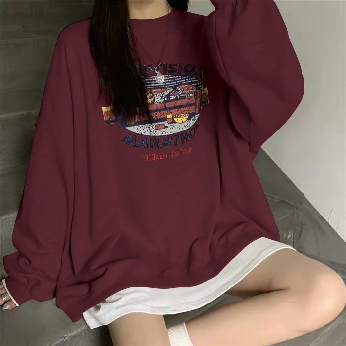 Picture of American Style Retro Printed Round Neck Sweater Women's Autumn Clothing Student Base Shirt Regular Casual Loose Top Thin Trendy