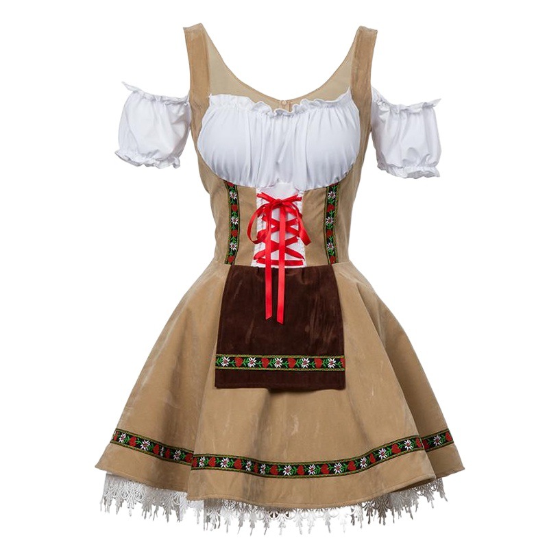Picture of 7530# German Oktoberfest Beer Girl Uniform Khaki Shoulder Dress Halloween Maid Dress