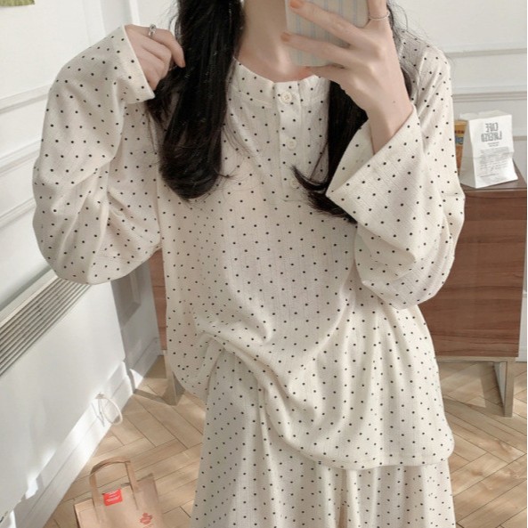 South Korea Ins Women Korean Style Spring and Summer New Knitted Dot Pajamas Home Clothes Long Sleeve Shorts Breathable suit Women