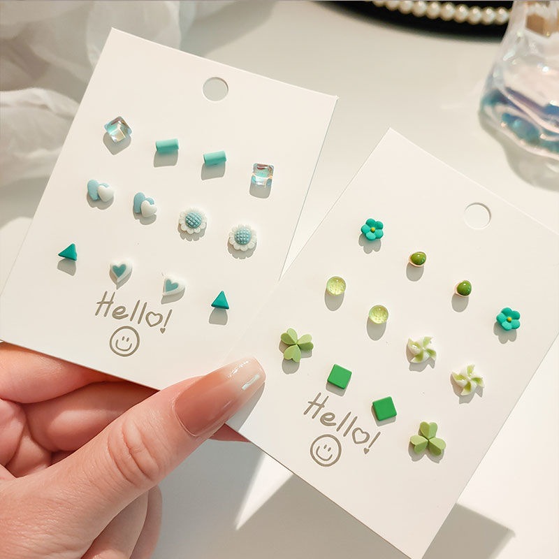 New Jingdezhen Candy Color Imitation Silver Needle Ceramic Earring Set Summer Small and Cute Ins Style Student Earrings for Women
