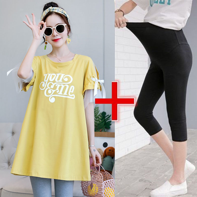 Picture of New Pregnant Women's Summer Half-sleeved T-shirt suit Korean Pregnant Women's Spring Mid-length Top dress Two-piece Set