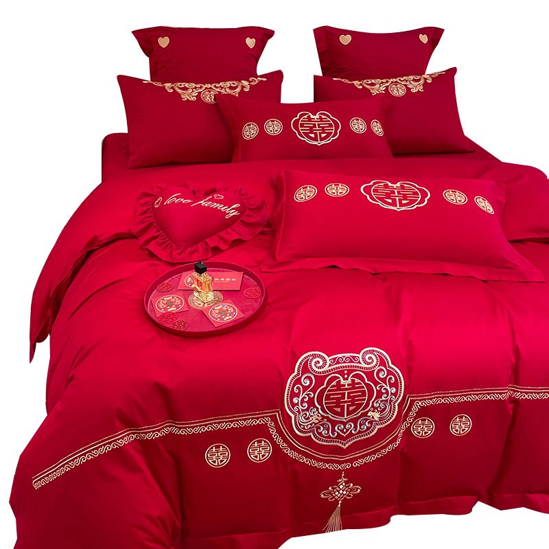 Picture of High-end Chinese Dragon and Phoenix Embroidery Fashion Wedding Four-piece Wedding Big Red Bed Sheet Quilt Cover Accompanying Bedding