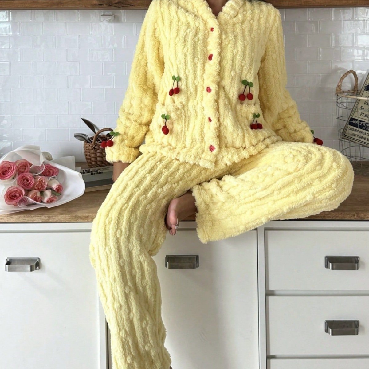 Cross-Border Popular Velvet Warm Pajamas Women's Suit Autumn and Winter Cute Cherry Sweet Girl Can Wear Pajamas Outside