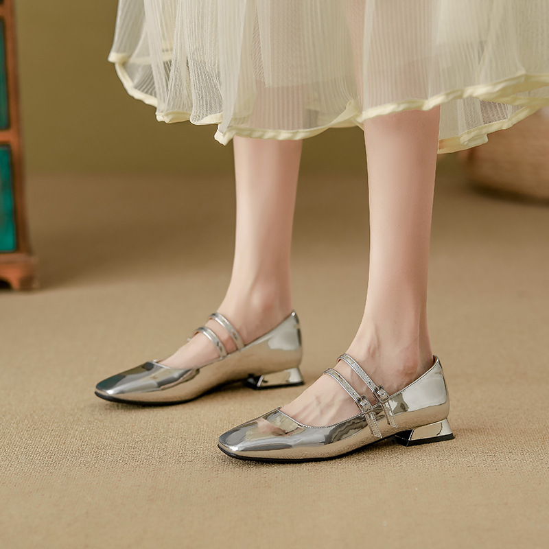 Vintage Double Strap silver Mary Jane Shoes Women's Autumn and Winter New Single Shoes Square Toe Low Heeled Leather Shoes Soft Bottom Ballet Shoes